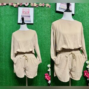 🌷Brand New Chic Beige Long Sleeve Top and Shorts Set Can Fit Sm up to M